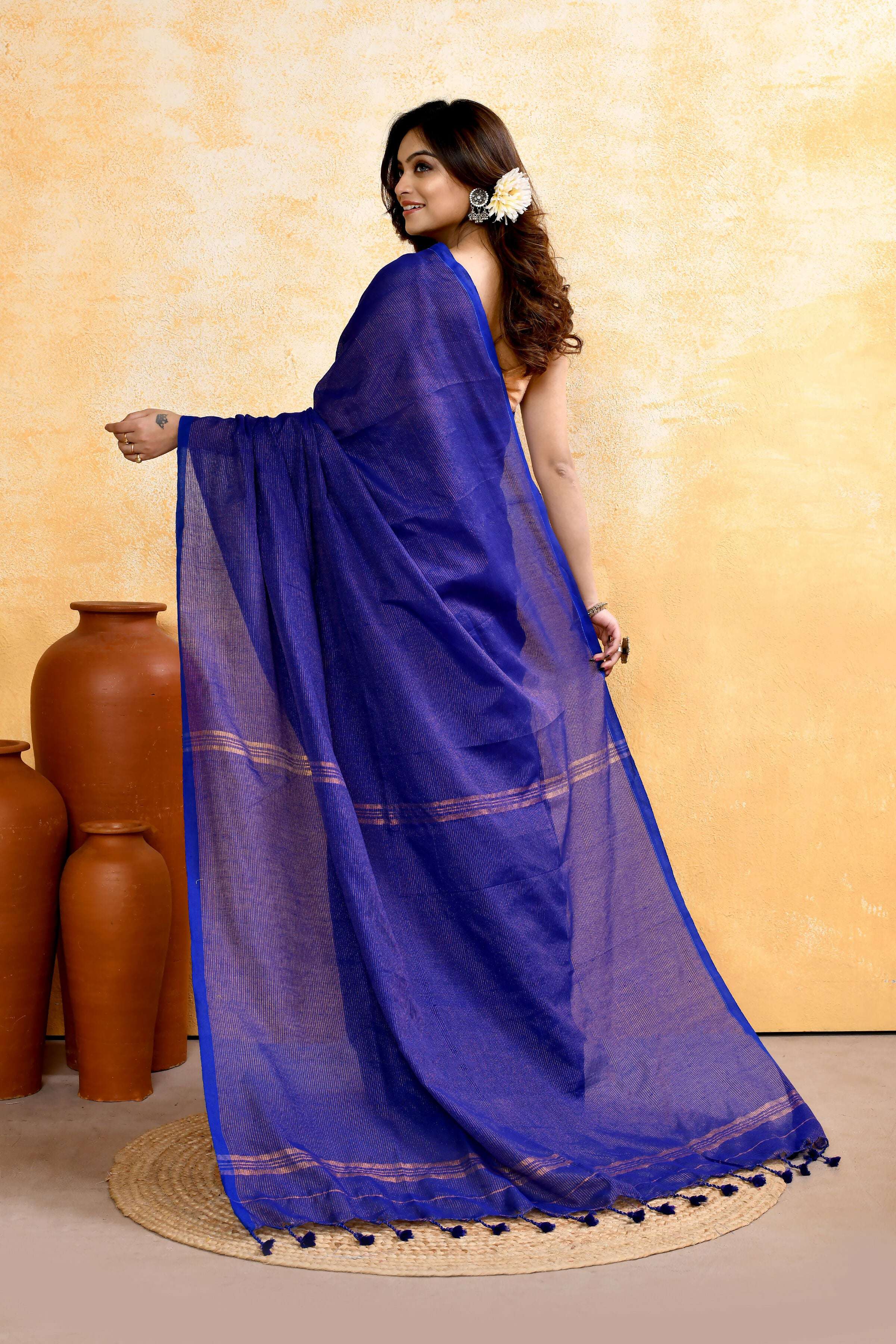 Piyari Fashion Women's Royal Blue Embellished Cotton Blend Zari Check Handloom Saree - Distacart