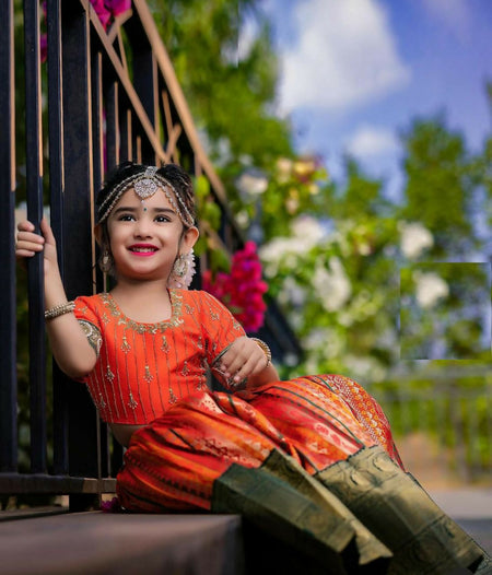 Jyoti Fashion Gorgeous Orange Pure Kota Silk Print with Zari Woven Kids Lehenga Choli Set