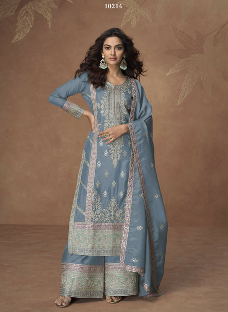 Anaita Sky-Blue Chinon Readymade Palazzo Suit with Embroidery Sequence Work