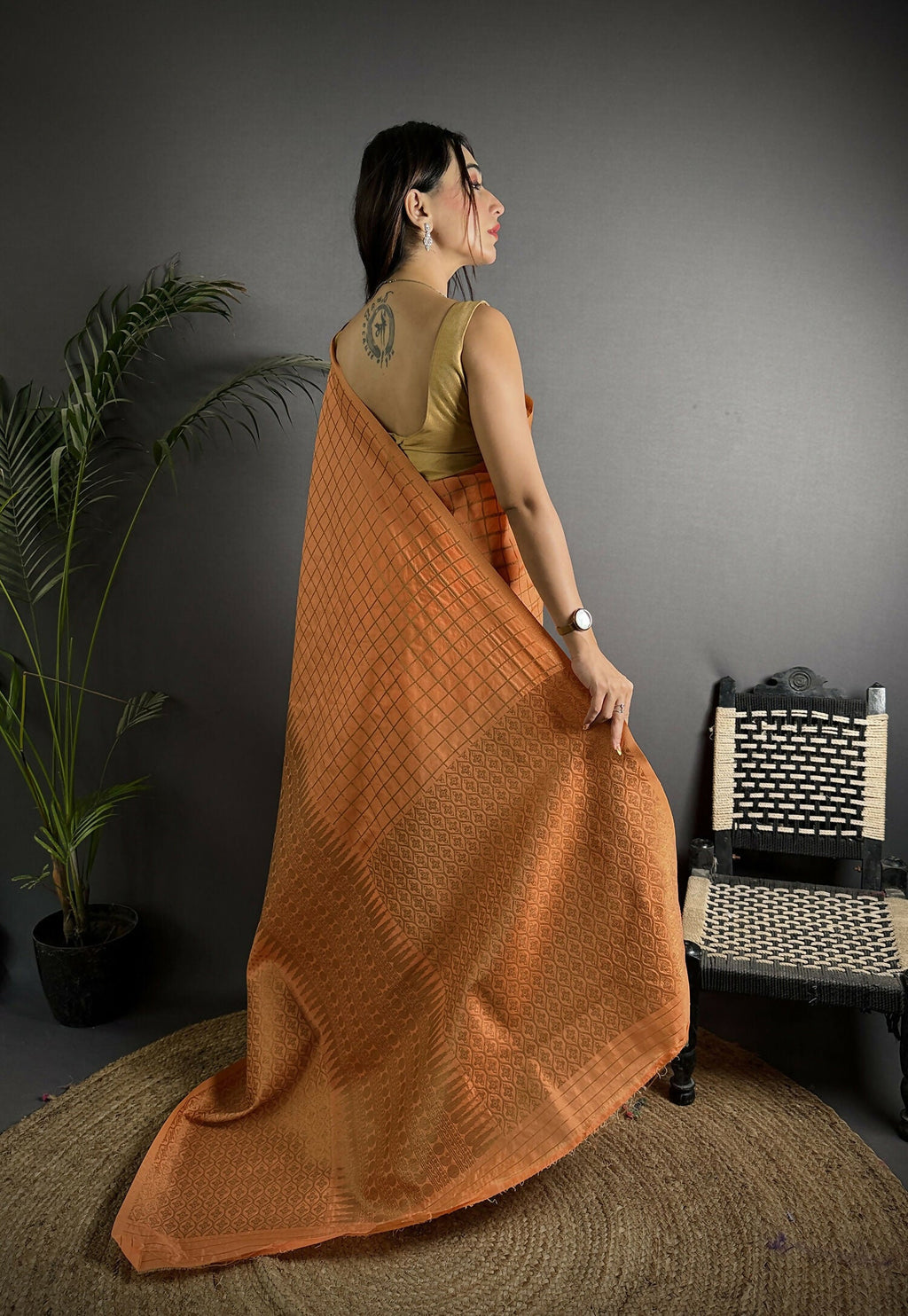 Joban Fashion Orange Banarasi Soft Lichi Silk Checks & Woven Saree - Distacart