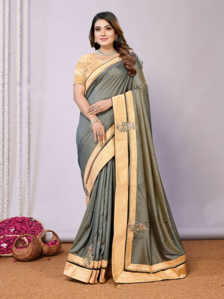 Olive Tusser Silk Resham Cord And Sequins Embroidery Handwork Butta Saree - Norita Saumya