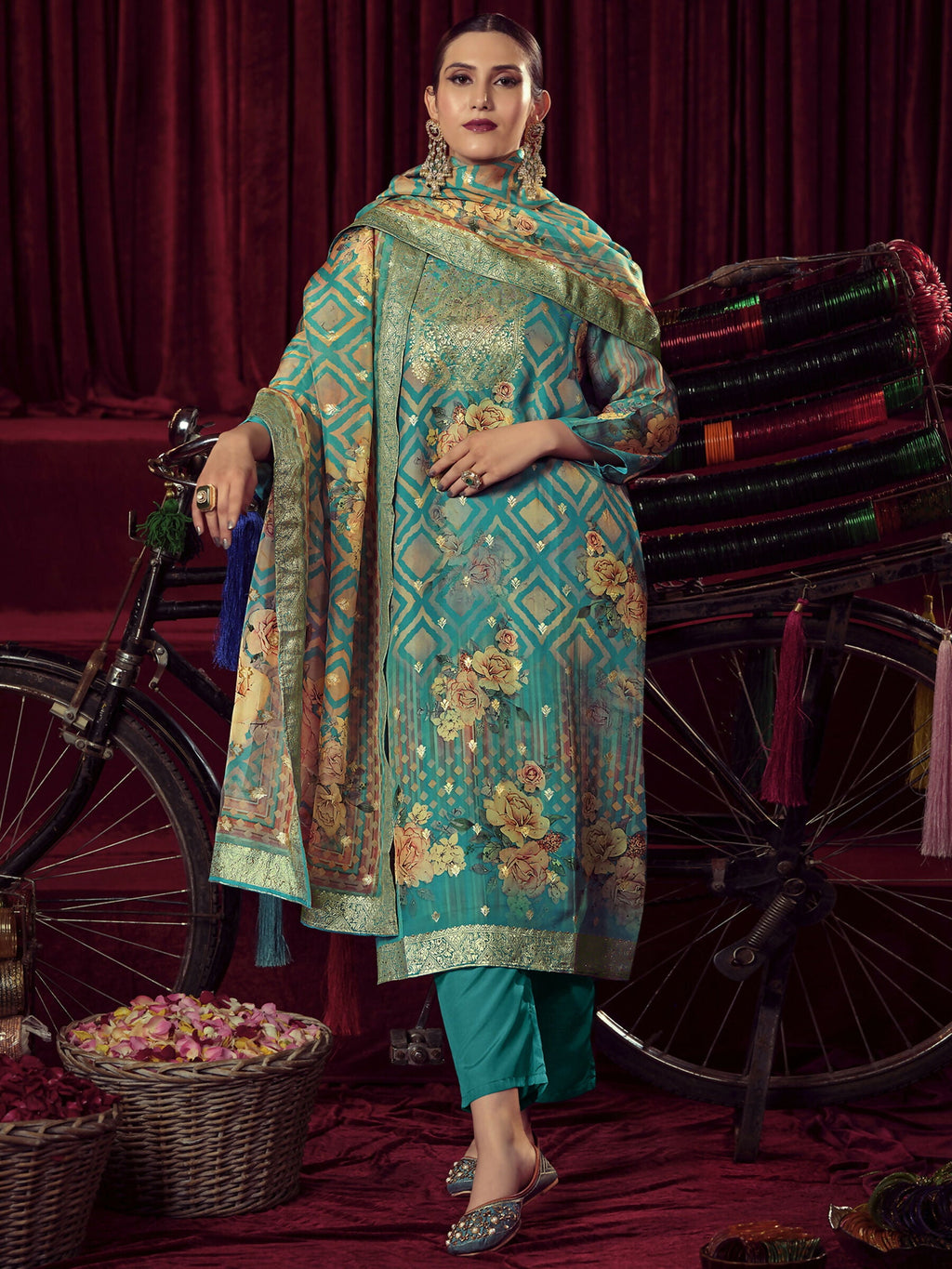 Jyoti Fashion Women's Turquiose Organza Jacquard Woven Kurta with Trouser & Dupatta