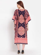 Myshka Women's Multi Printed Cotton 3/4 Sleeve V Neck Casual Kaftan Dress