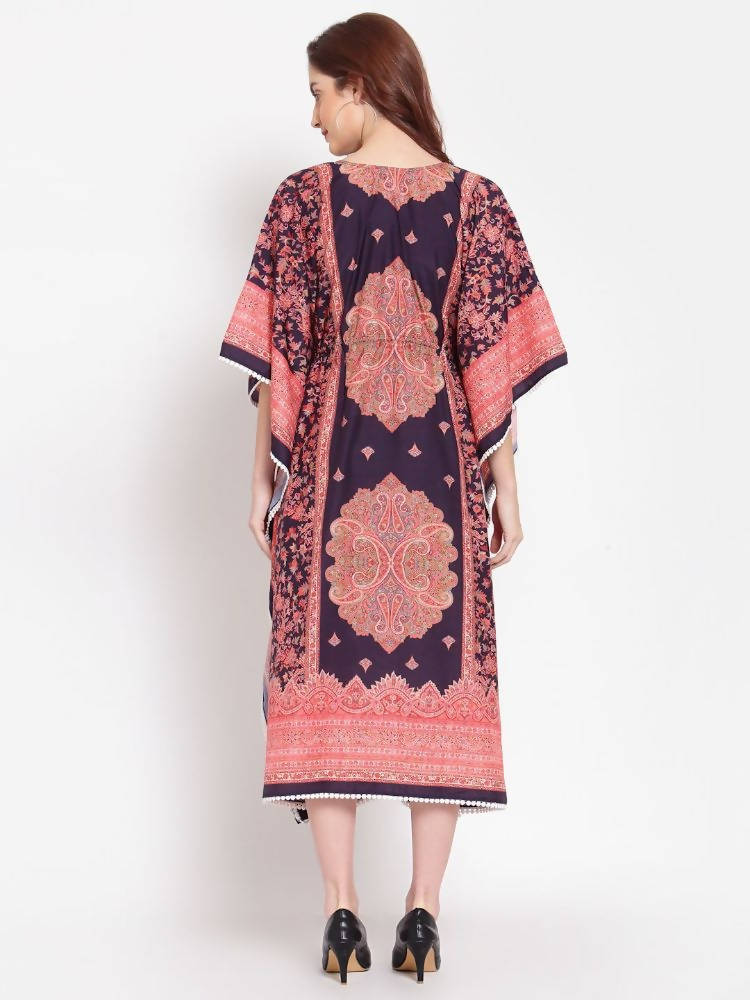 Myshka Women's Multi Printed Cotton 3/4 Sleeve V Neck Casual Kaftan Dress