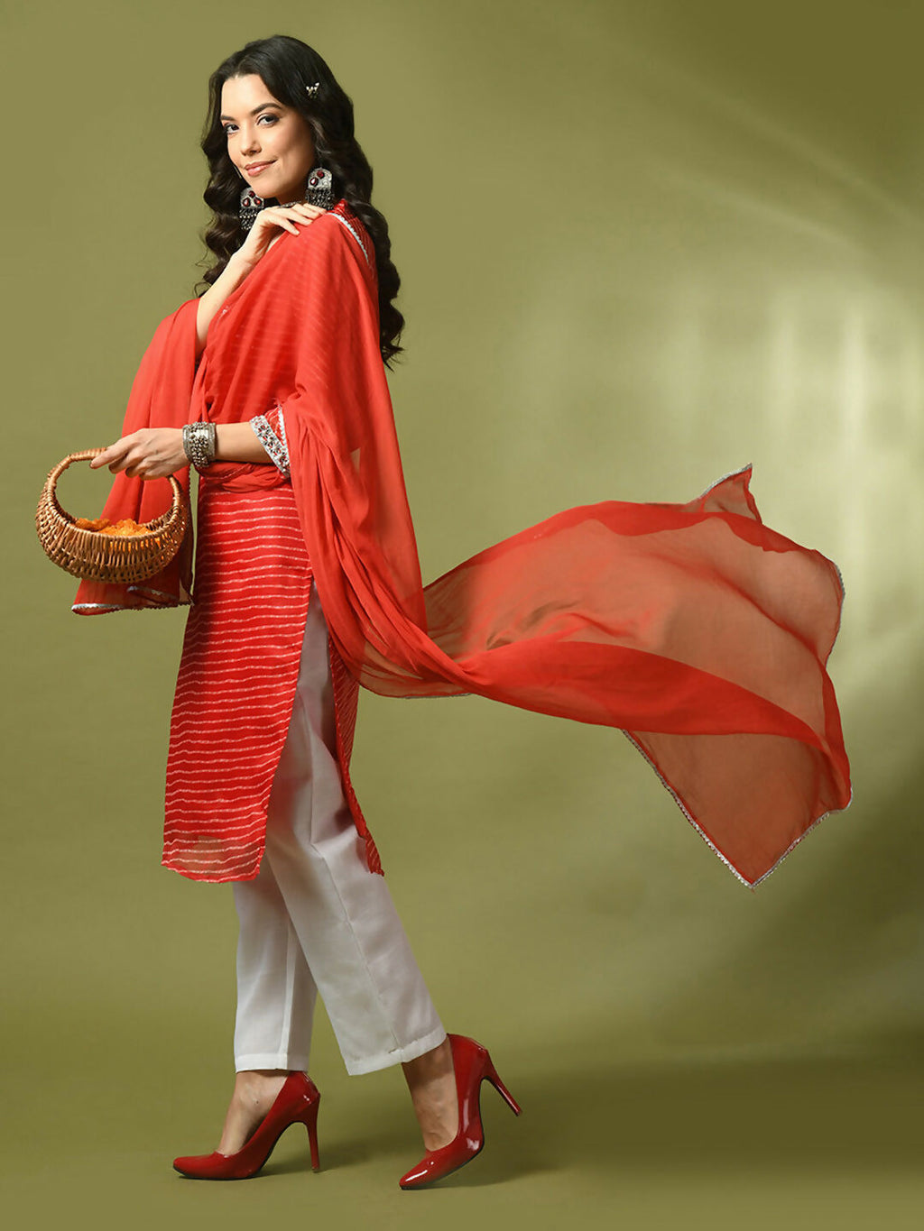 Myshka Women's Red Printed Kota Straight Party Kurta Set With Dupatta