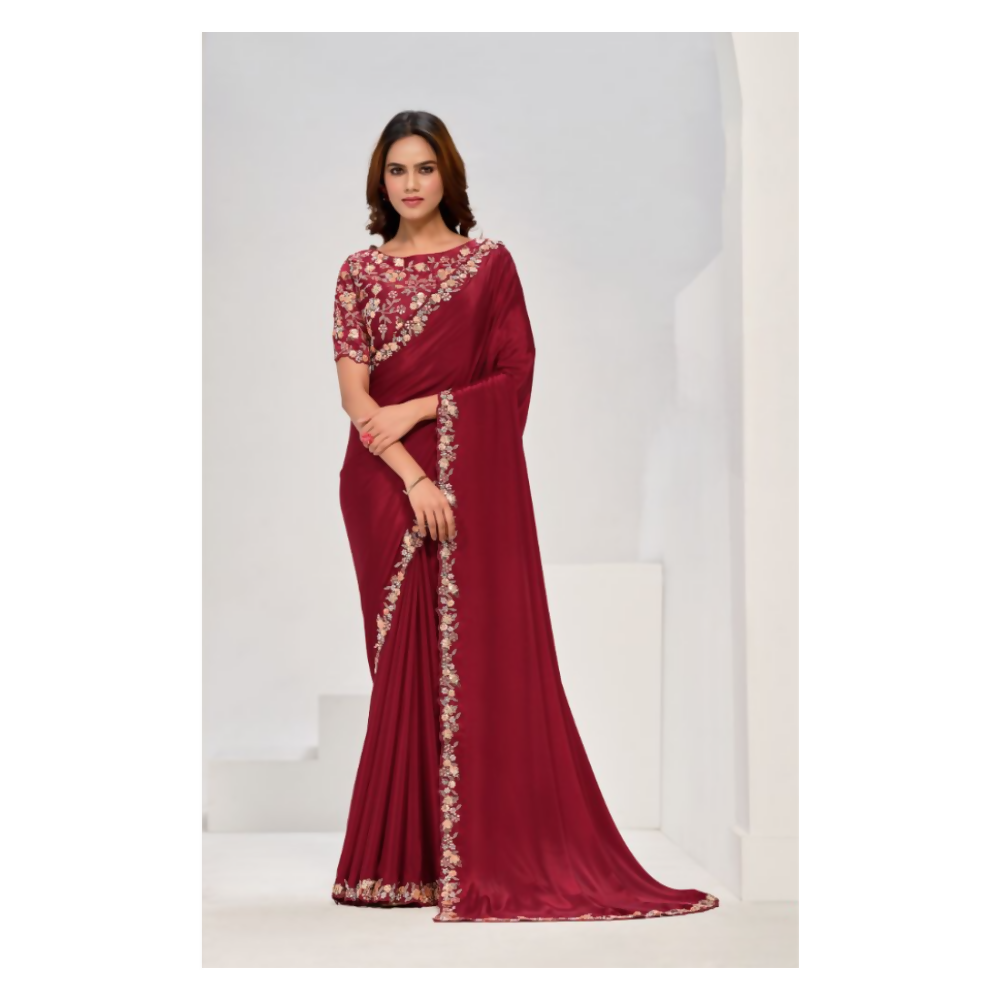 Maroon Pure Crepe Georgette Sequence Saree with Unstitched Blouse - Norita Saanjh