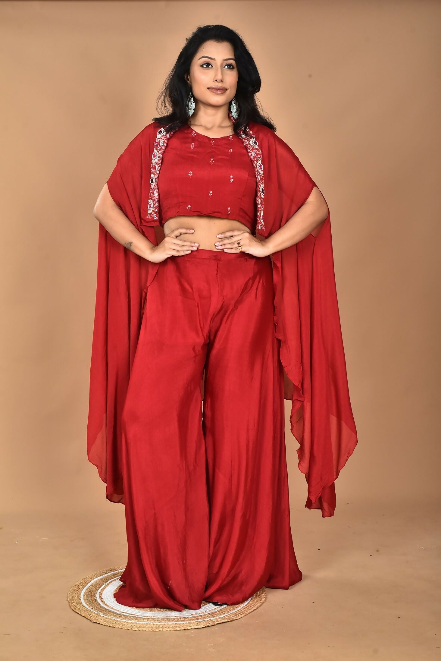 Morchari Women And Hand Embroidery Palazzo Set-Maroon