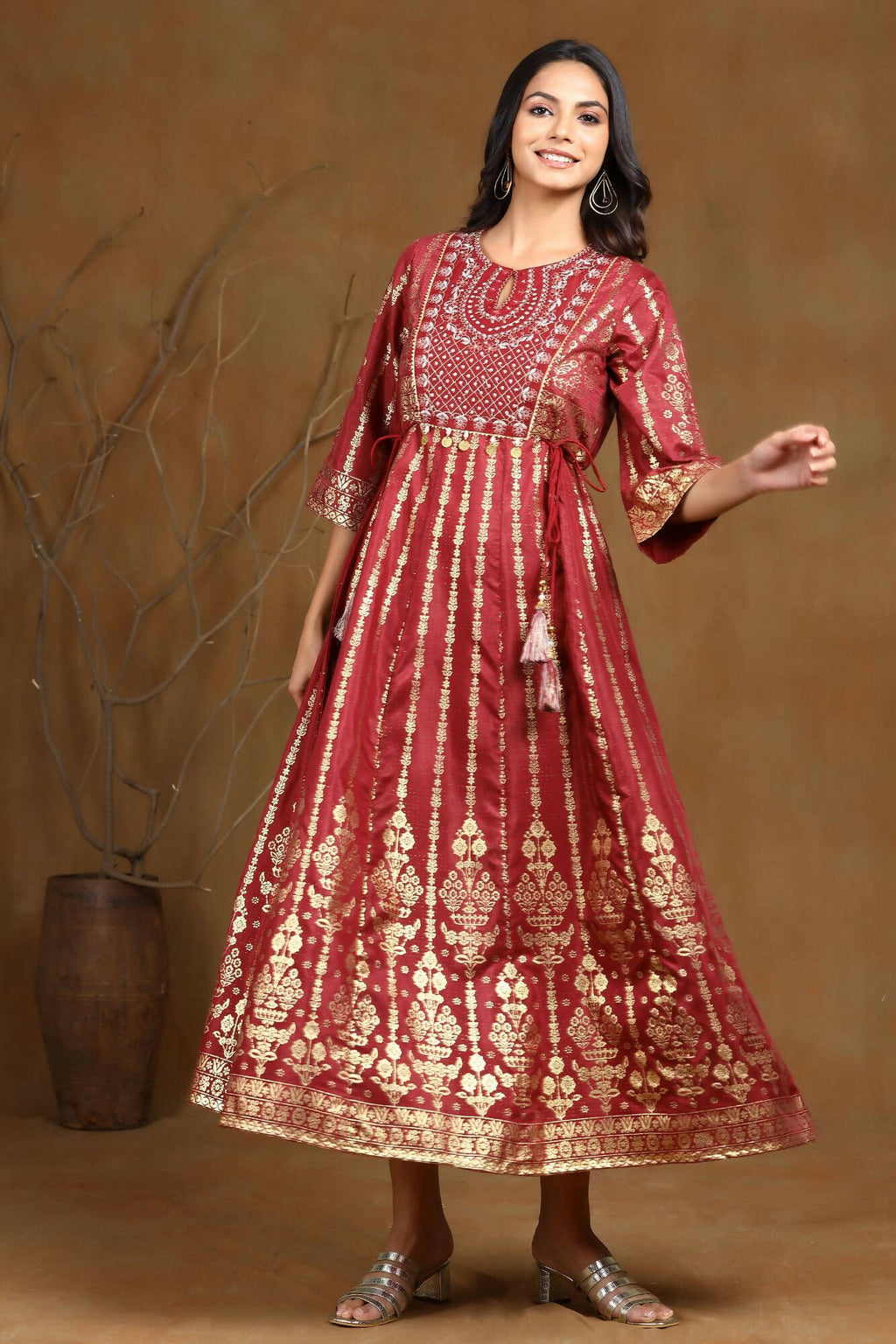 Juniper Women Maroon Shantoon Printed Anarkali Dress - Distacart
