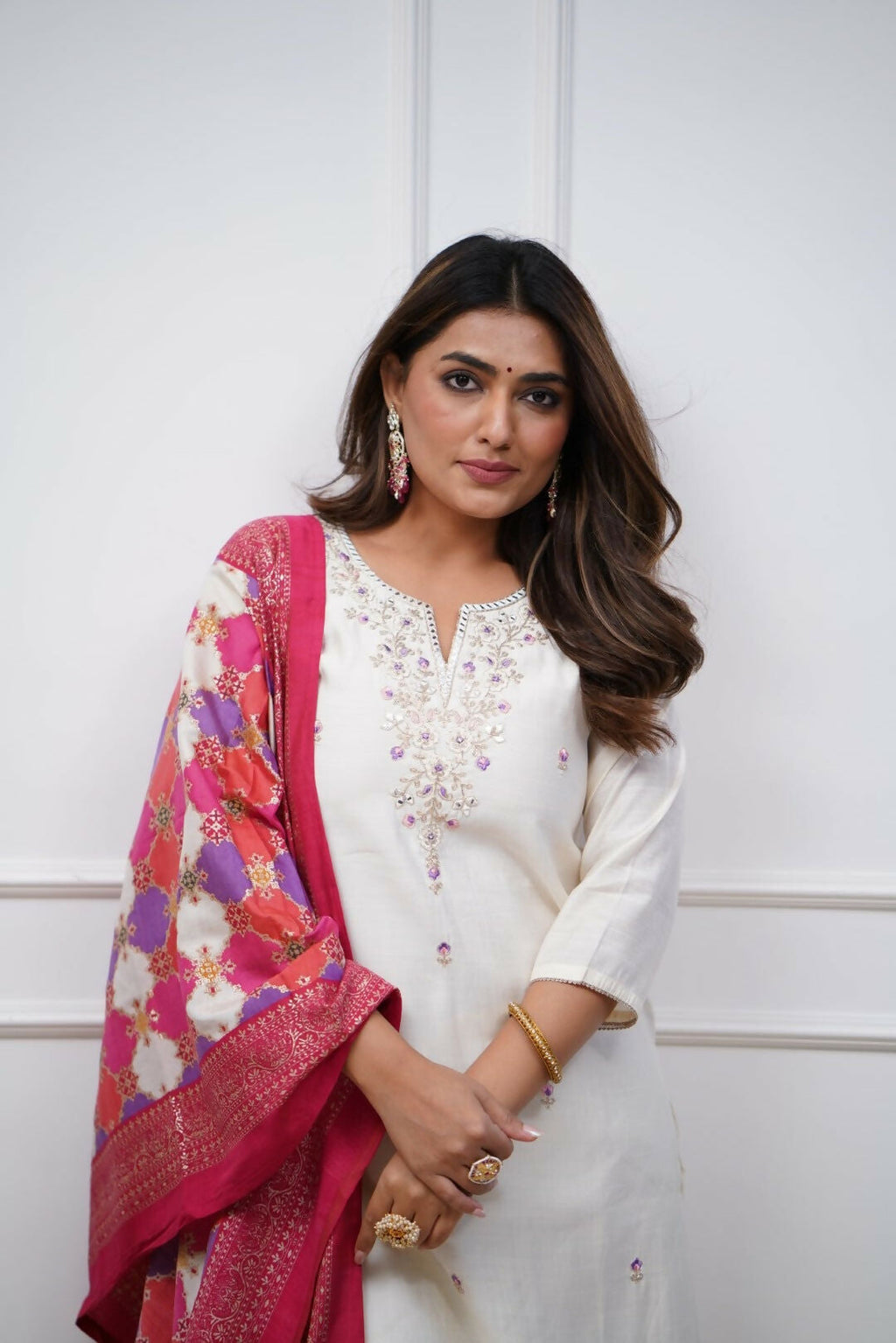 The52 Off White Beautiful Embroidered Viscose Chanderi Fabric Straight Kurta Pant with Dupatta Set - Distacart