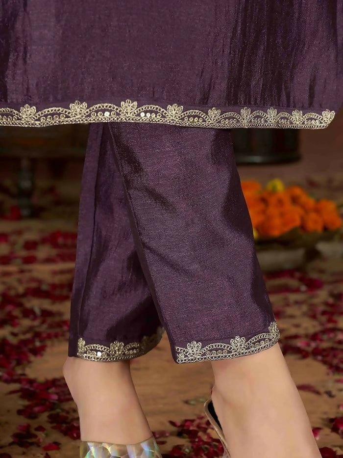 The52 Wine Women's Gorgeous Vichitra Fabric Embroidered Work Straight Kurta Pant and Dupatta Set - Distacart