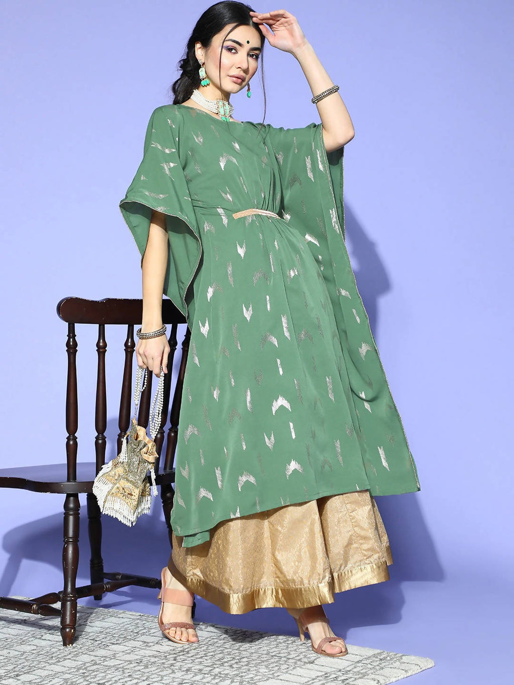 Janasya Green Geometric New Age Kaftan Kurta - Distacart
