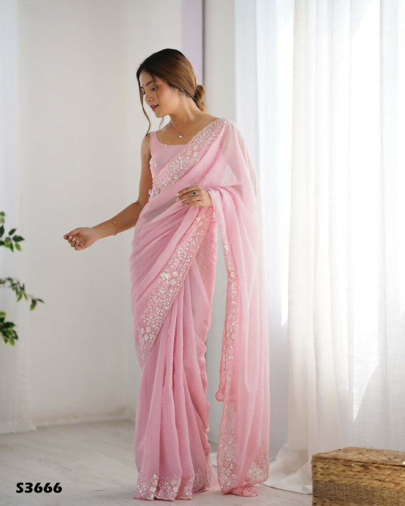 Georgette Designer Sequance Embroidery Work Party Wear Saree - Pink
