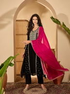 Joban Fashion Embroidery Black Vichitra Silk Kurta Set - Distacart