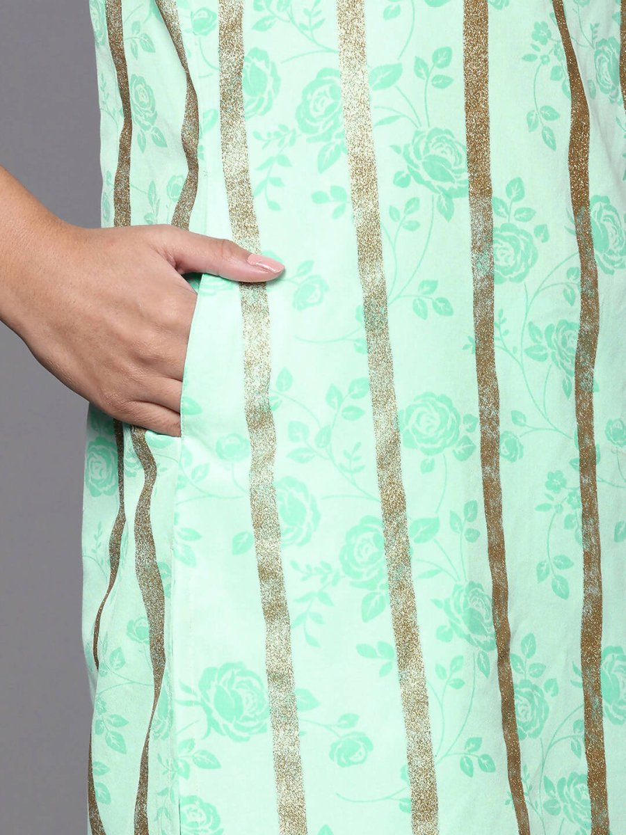 Ahalyaa Blue & Gold Floral Printed & Striped Straight Kurti with Sharara - Distacart