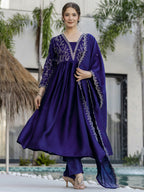 The52 Blue Women's Beautiful Embroidered Vichitra Silk Fabric with Flared Kurta, Pant and Dupatta Set - Distacart