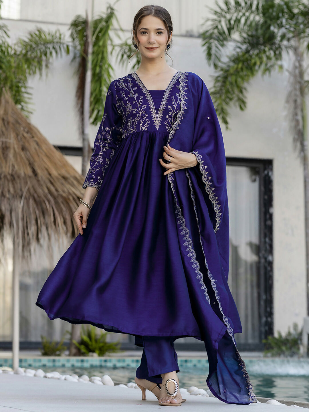The52 Blue Women's Beautiful Embroidered Vichitra Silk Fabric with Flared Kurta, Pant and Dupatta Set - Distacart
