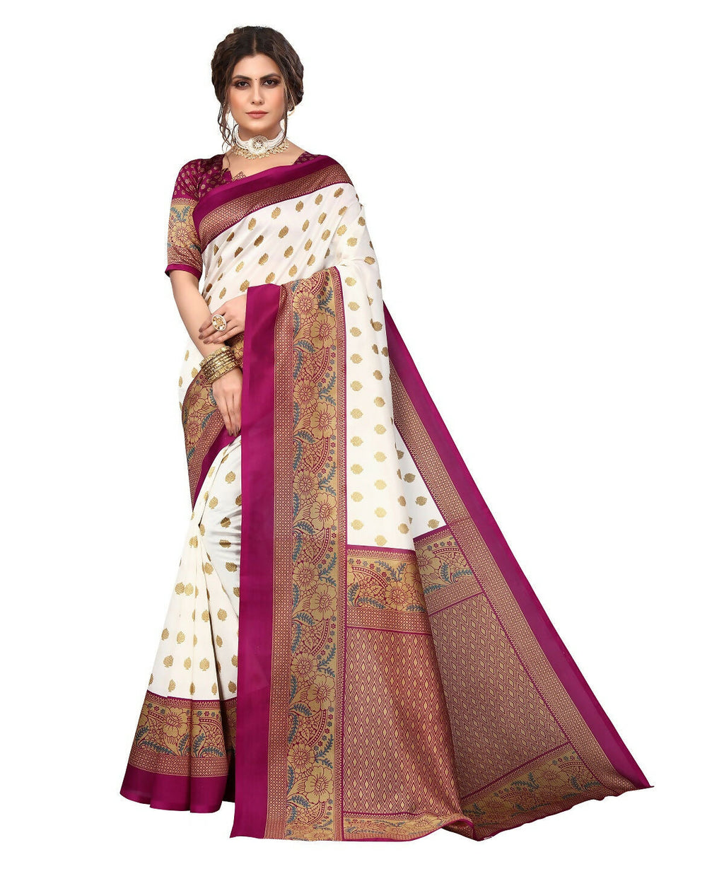 Vamika white & purple Printed Art Silk Saree