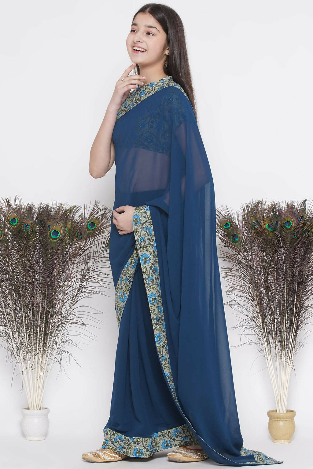 Little Bansi Floral Print Ready To Wear Saree And Floral Blouse - Blue