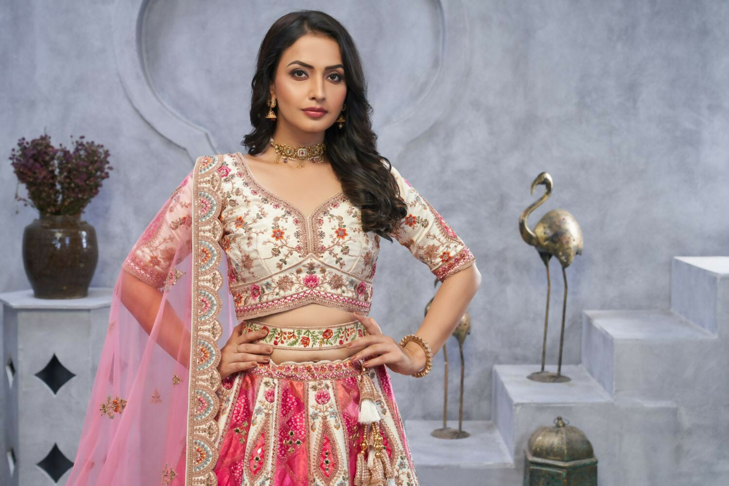 Kesar Fab Ivory Organza Embroidered Lehenga