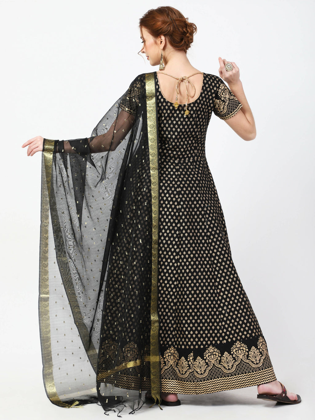 Cheera Women's Black Cotton Hand Block Print Long Dress With Silk Dupatta Set