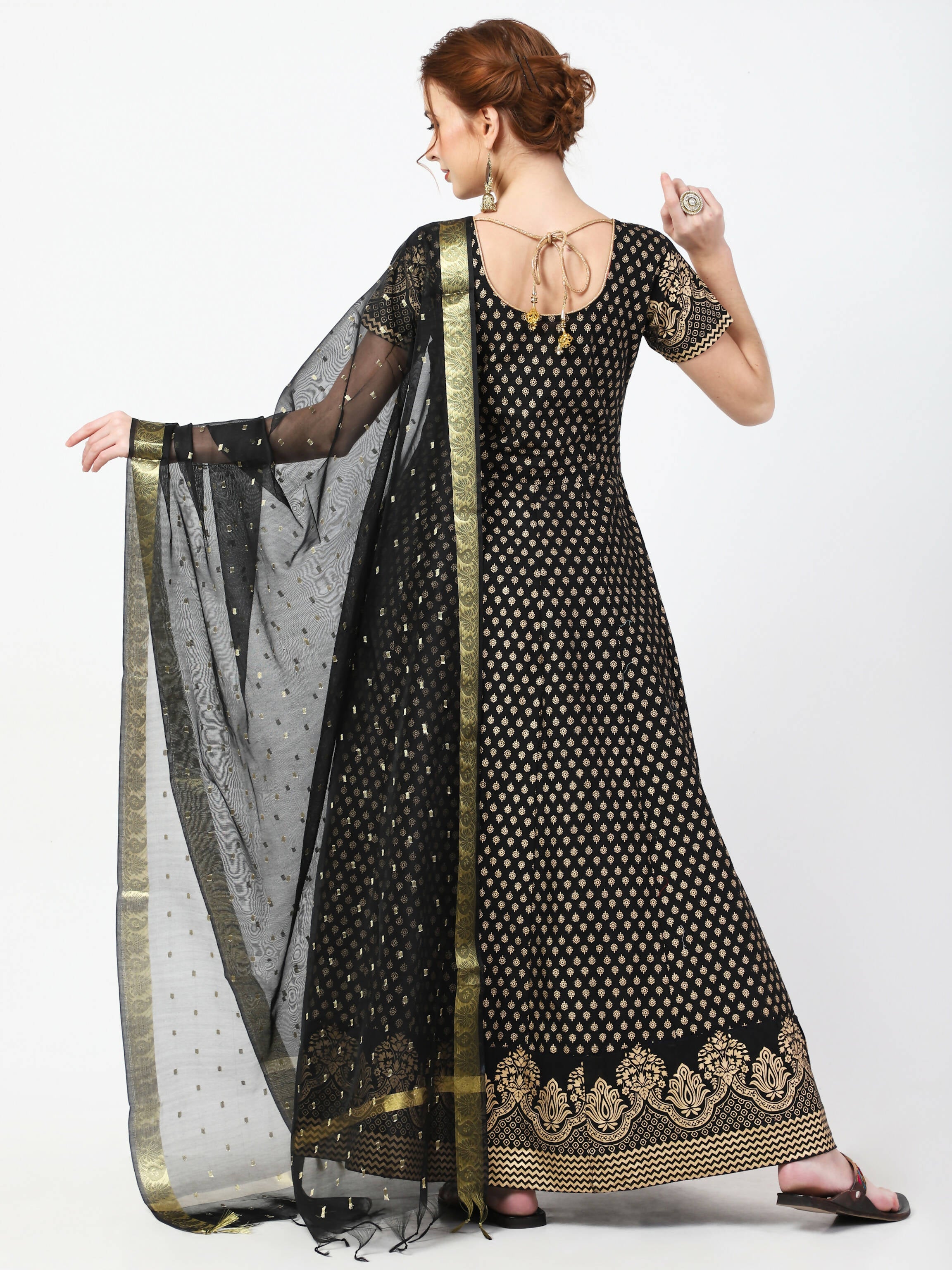 Cheera Women's Black Cotton Hand Block Print Long Dress With Silk Dupatta Set