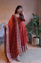 Teeya Creation Orange Fendi Silk Designer Heavy Work Wedding Wear Long Gown