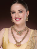 NVR Women's Set of 2 Gold-Polished Green & Pink Stone Studded Peacock Design Temple Jewellery Set