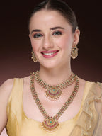 NVR Women's Set of 2 Gold-Polished Green & Pink Stone Studded Peacock Design Temple Jewellery Set