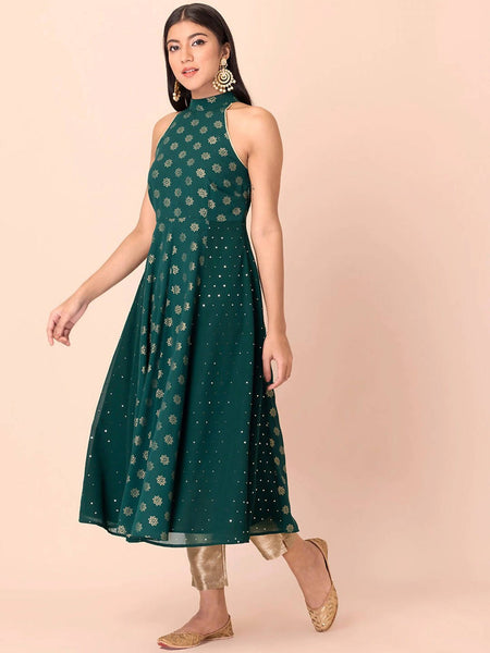 Indya Green Floral Printed Halter Neck Georgette Kurta With Zari Detail