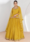 Lorenvalley Fashion Yellow Chinon Embroidery with Sequince Work Salwar Lehenga Stitched