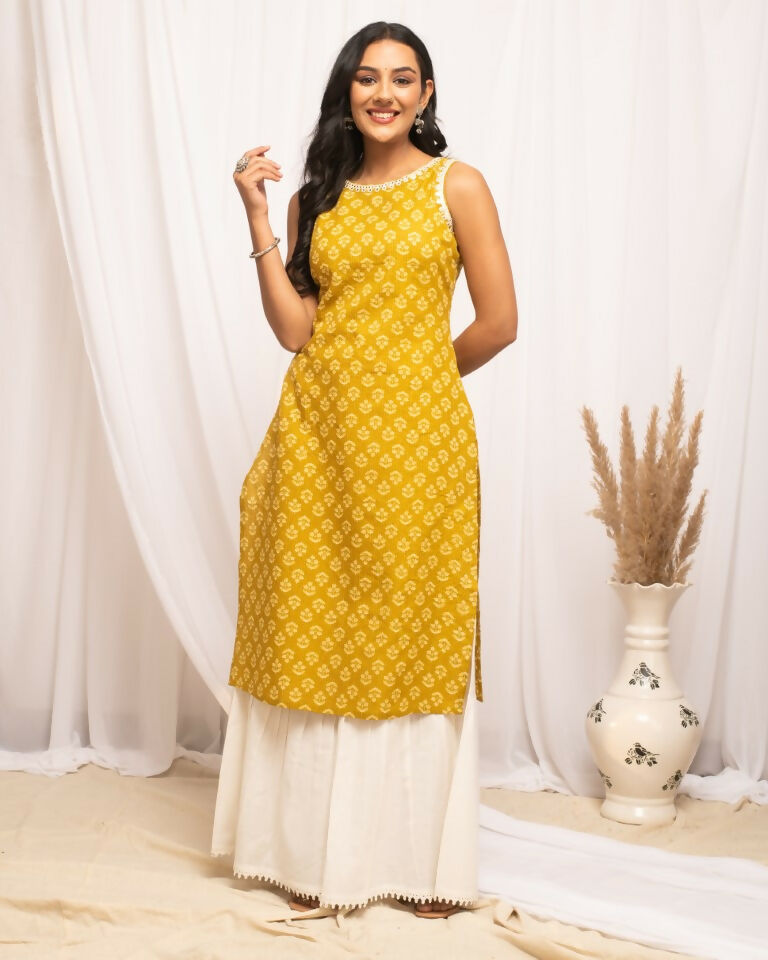 FIORRA Women's Floral Printed Yellow Cotton Straight Kurta