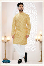 Joban Fashion Men's Yellow Straight Silk Thread Embroidery All Over Kurta Set