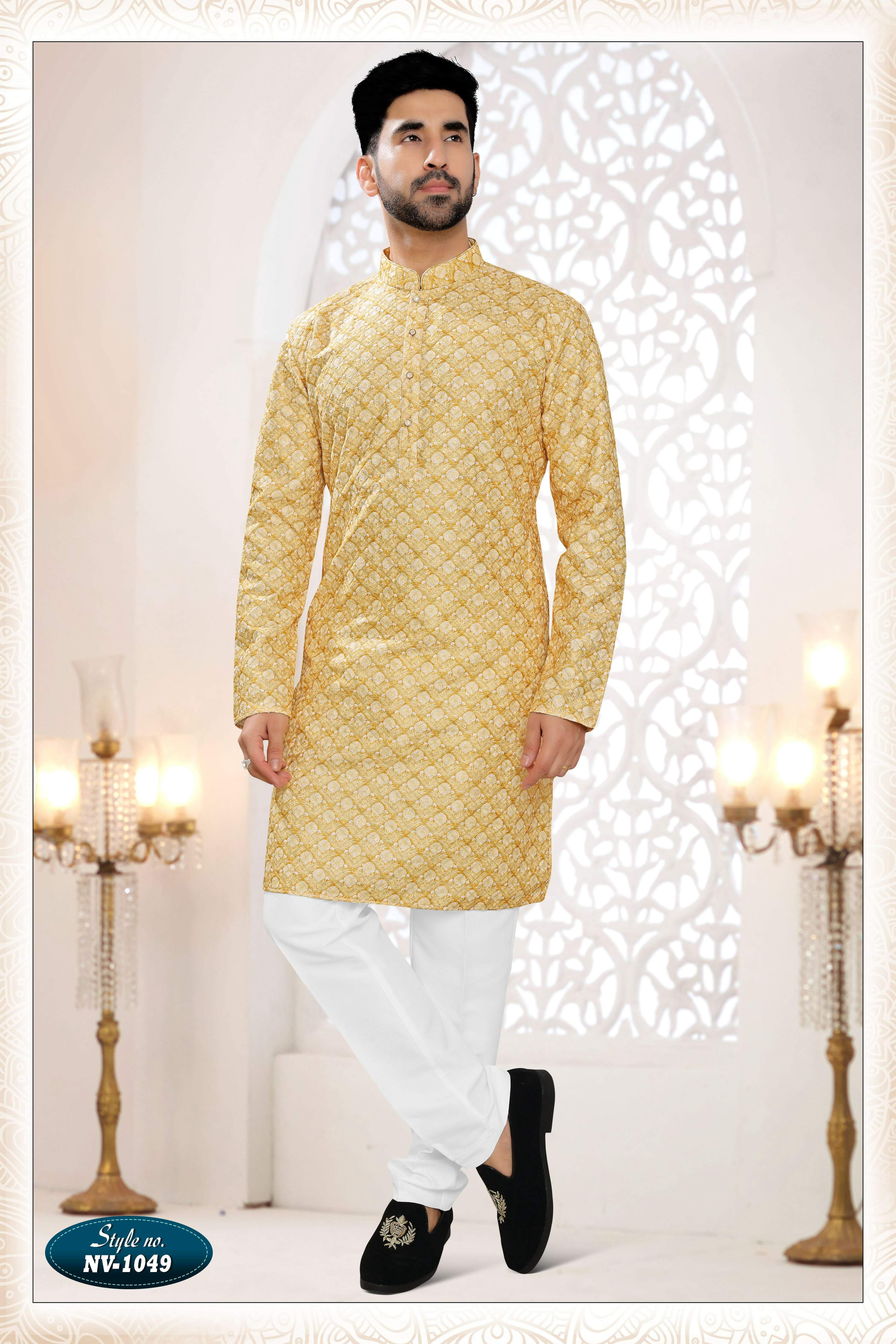Joban Fashion Men's Yellow Straight Silk Thread Embroidery All Over Kurta Set