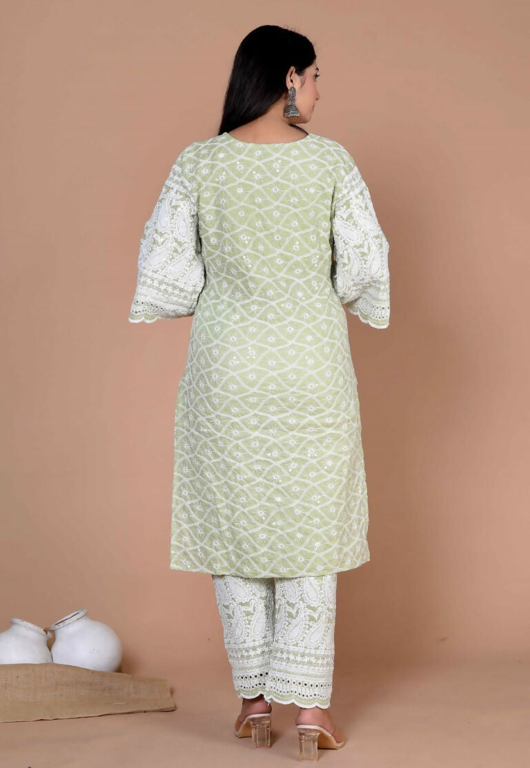 Miravan Women's Green Embroidery Chikankari Kurta And Palazzo