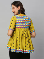 Olive Green & Black Pure Cotton Printed A-Line Top - Bosky