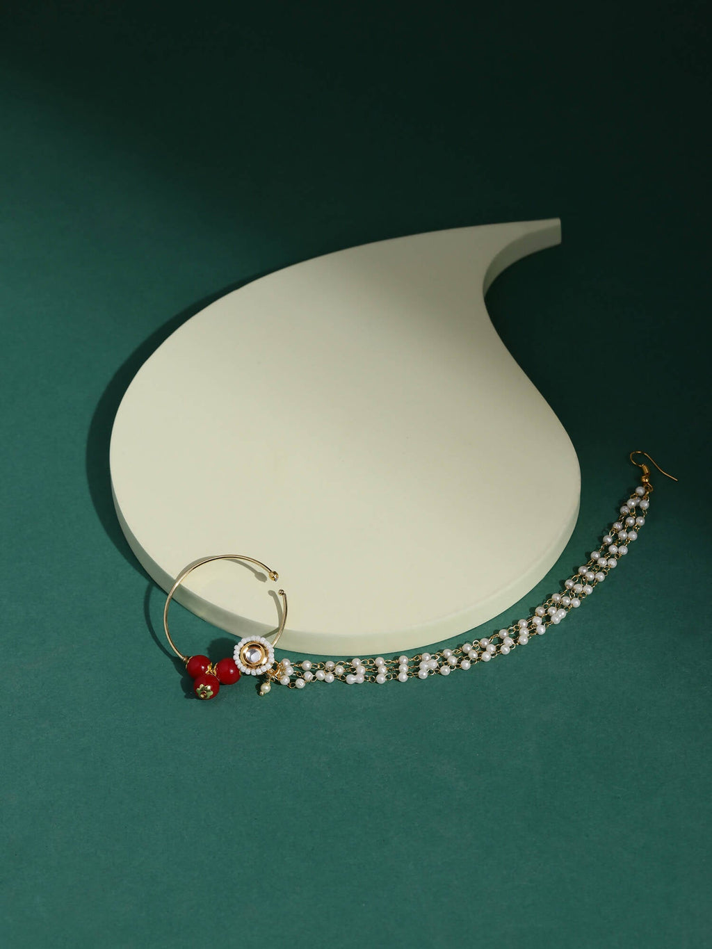 White Red Gold-Plated Kundan-Studded Beaded Nosepin - Ruby Raang - Distacart
