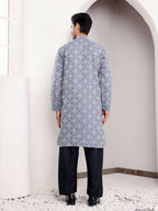 Blue Viscose Woven Jacquard Work Men's Kurta - Mahotsav