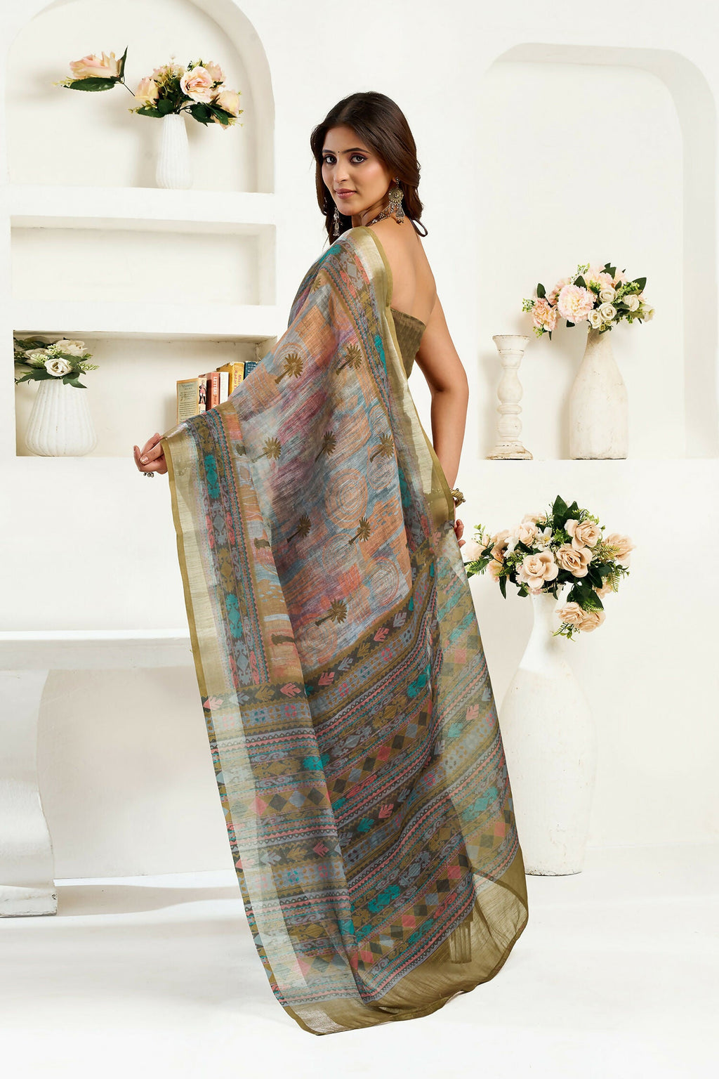 Joban Fashion Dusty Green Floral & Ethnic Motifs Linen Ready To Wear Saree With Unstitched Blouse - Distacart