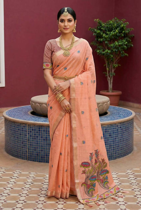 Vastranavya Peach Muga Cotton Meenakari & Azarakh Pallu Saree with Contrast Blouse