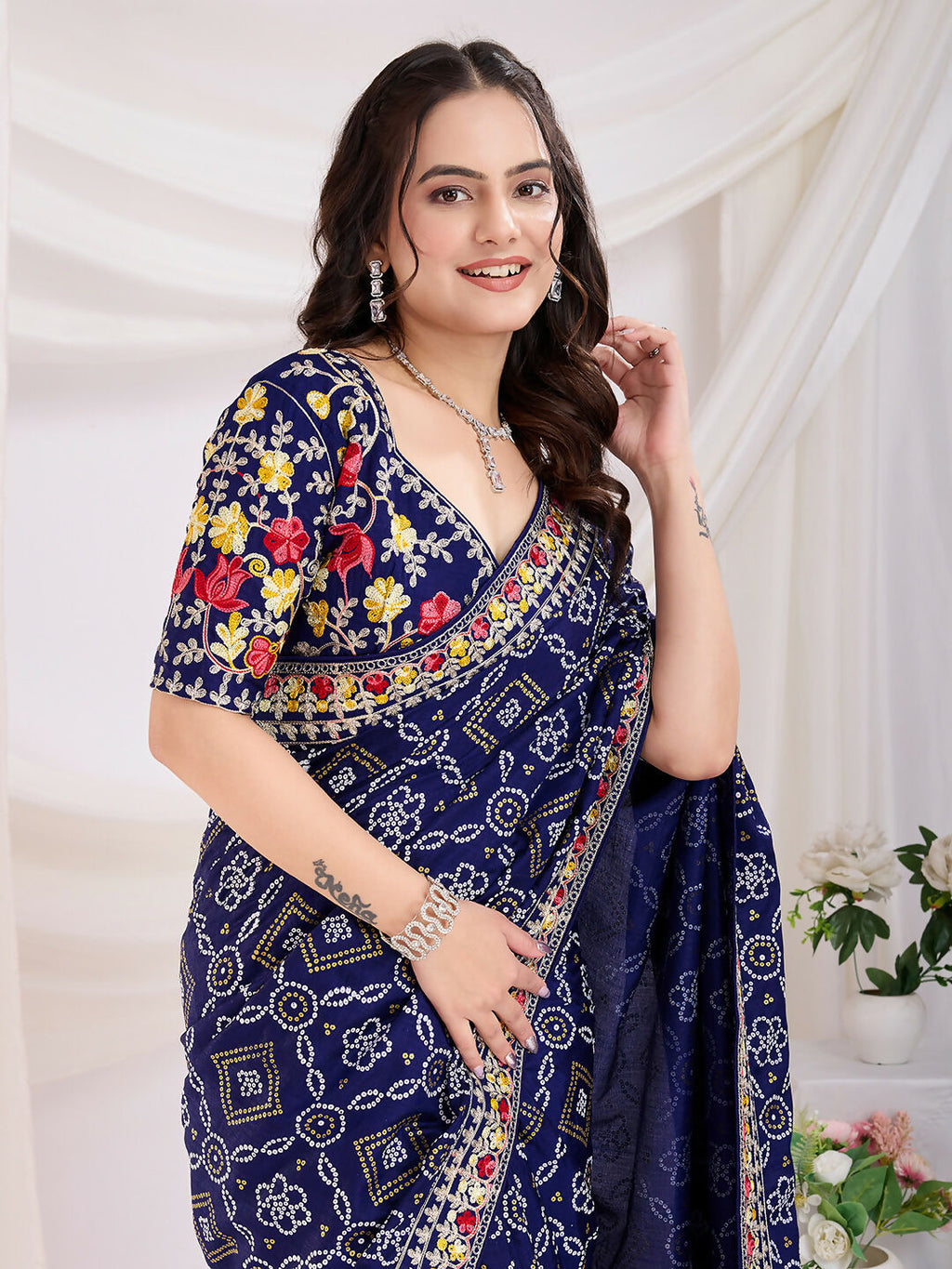 Blue Vichitra Silk Bandhani Printed, Embroidery Work Saree - Ditya