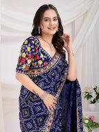 Blue Vichitra Silk Bandhani Printed, Embroidery Work Saree - Ditya