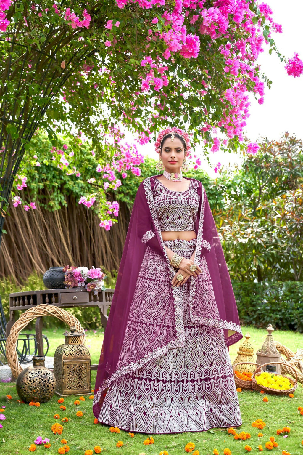 Purple Net Embroidered Semi Stitched Lehenga Choli with Dupatta - Bhagya