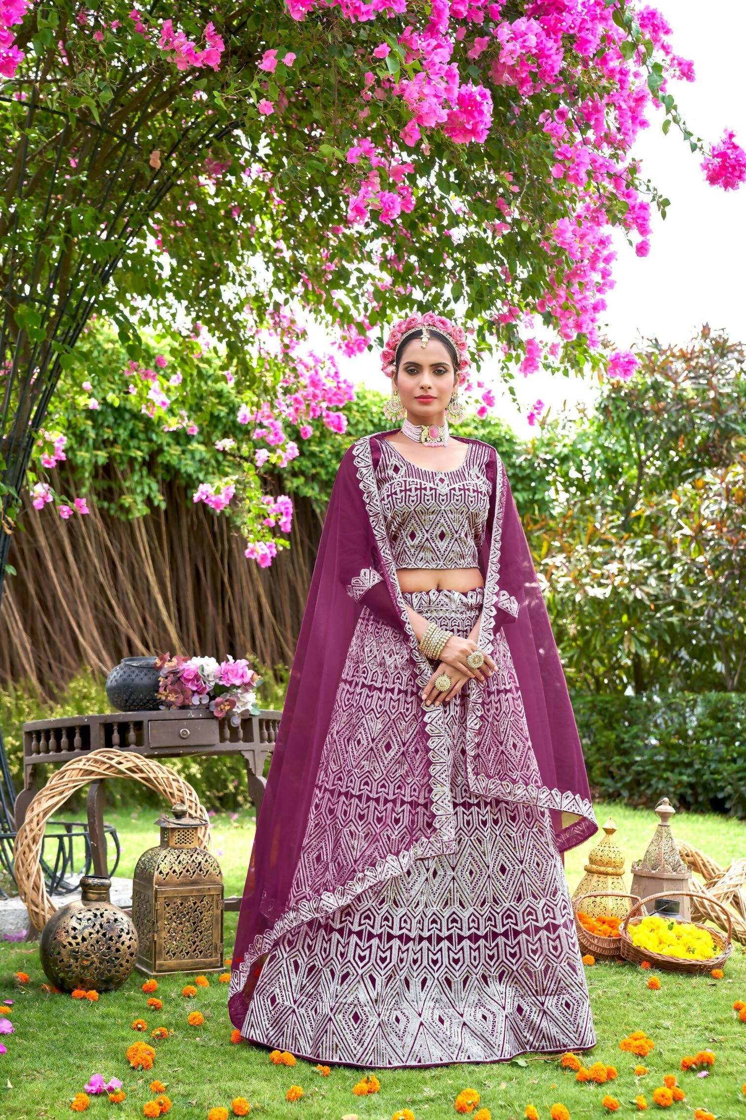 Purple Net Embroidered Semi Stitched Lehenga Choli with Dupatta - Bhagya
