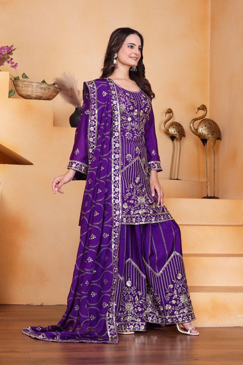 Prazu Fashion Violet Chinon Silk Sequin Embroidered Sharara Suit - Distacart