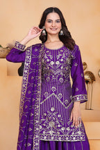 Prazu Fashion Violet Chinon Silk Sequin Embroidered Sharara Suit - Distacart