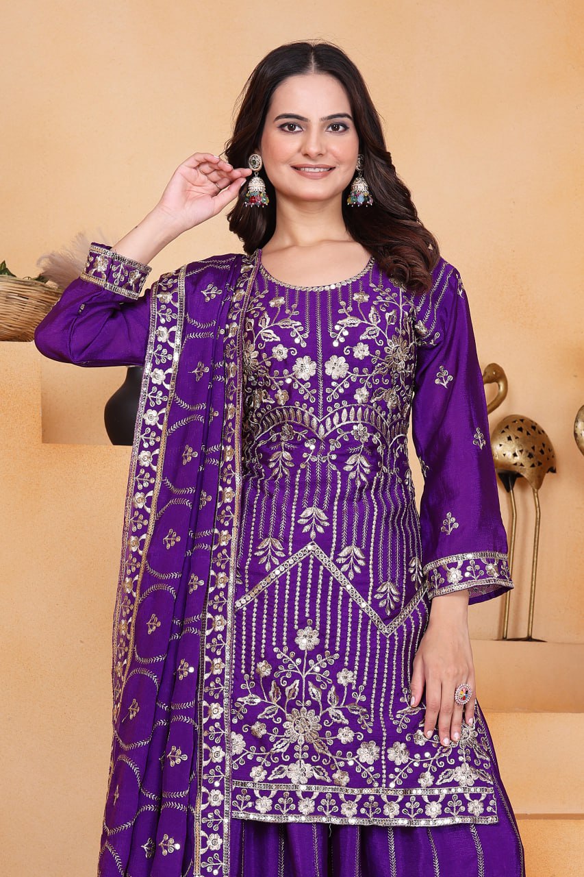 Prazu Fashion Violet Chinon Silk Sequin Embroidered Sharara Suit - Distacart