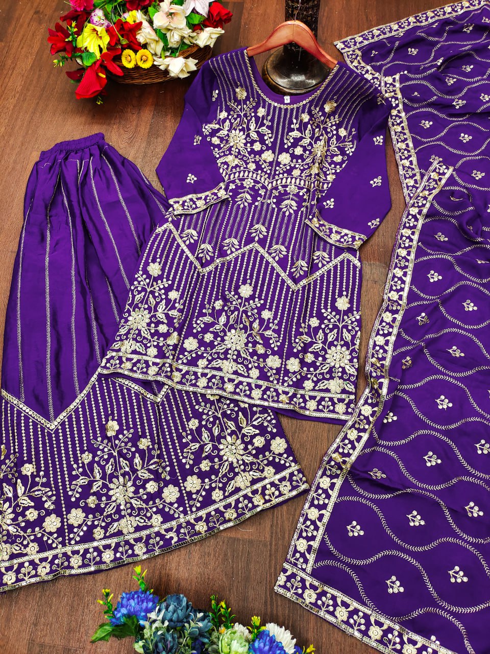 Prazu Fashion Violet Chinon Silk Sequin Embroidered Sharara Suit - Distacart
