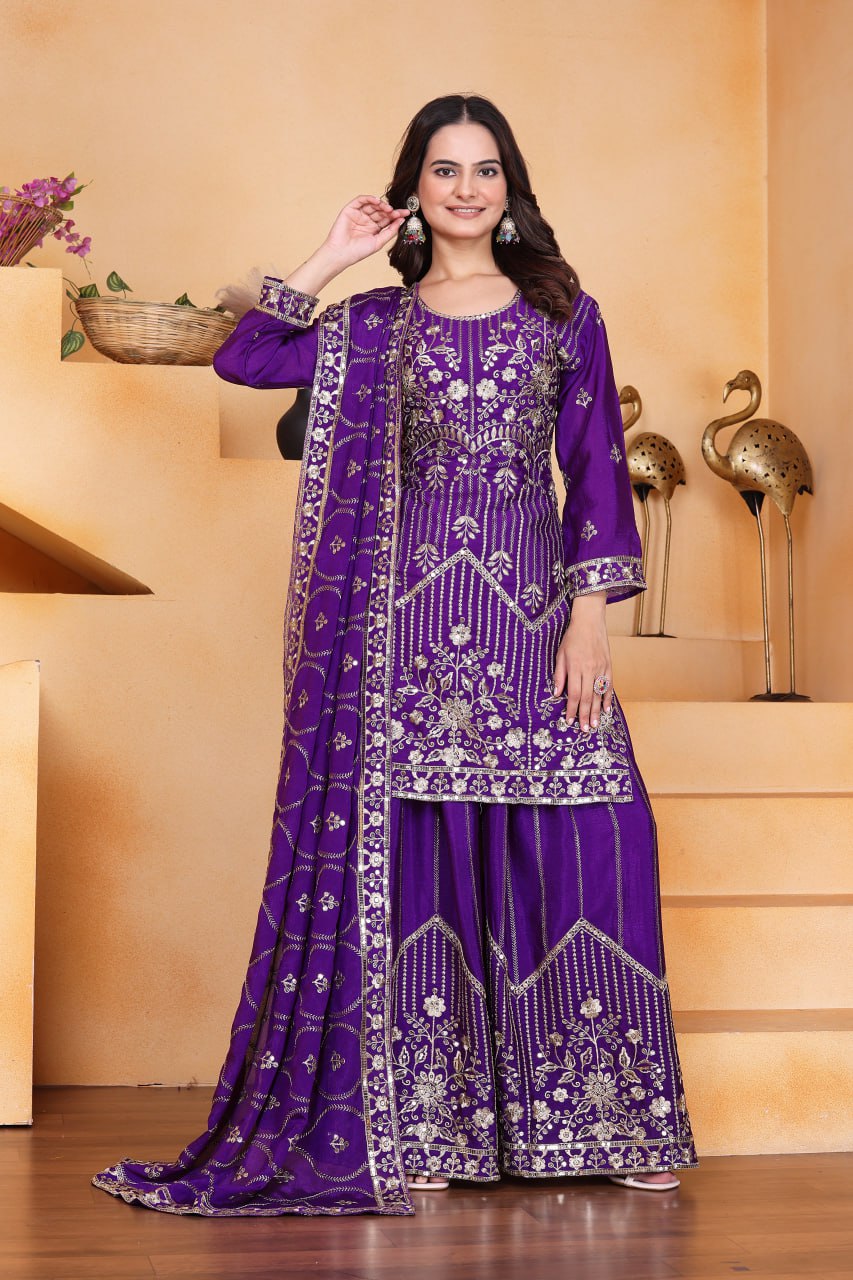 Prazu Fashion Violet Chinon Silk Sequin Embroidered Sharara Suit - Distacart