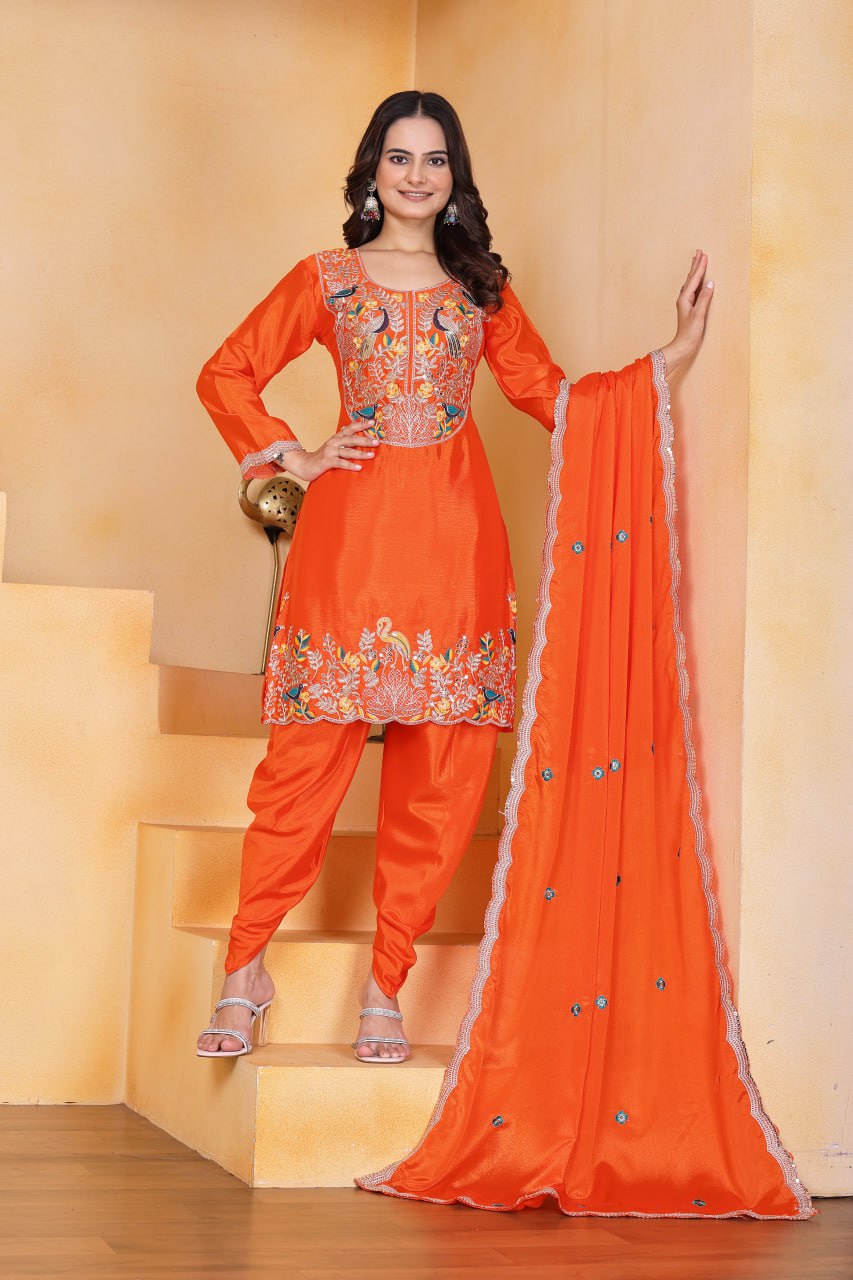 Prazu Fashion Orange Chinon Silk Embroidered Dhoti Style Suit - Distacart