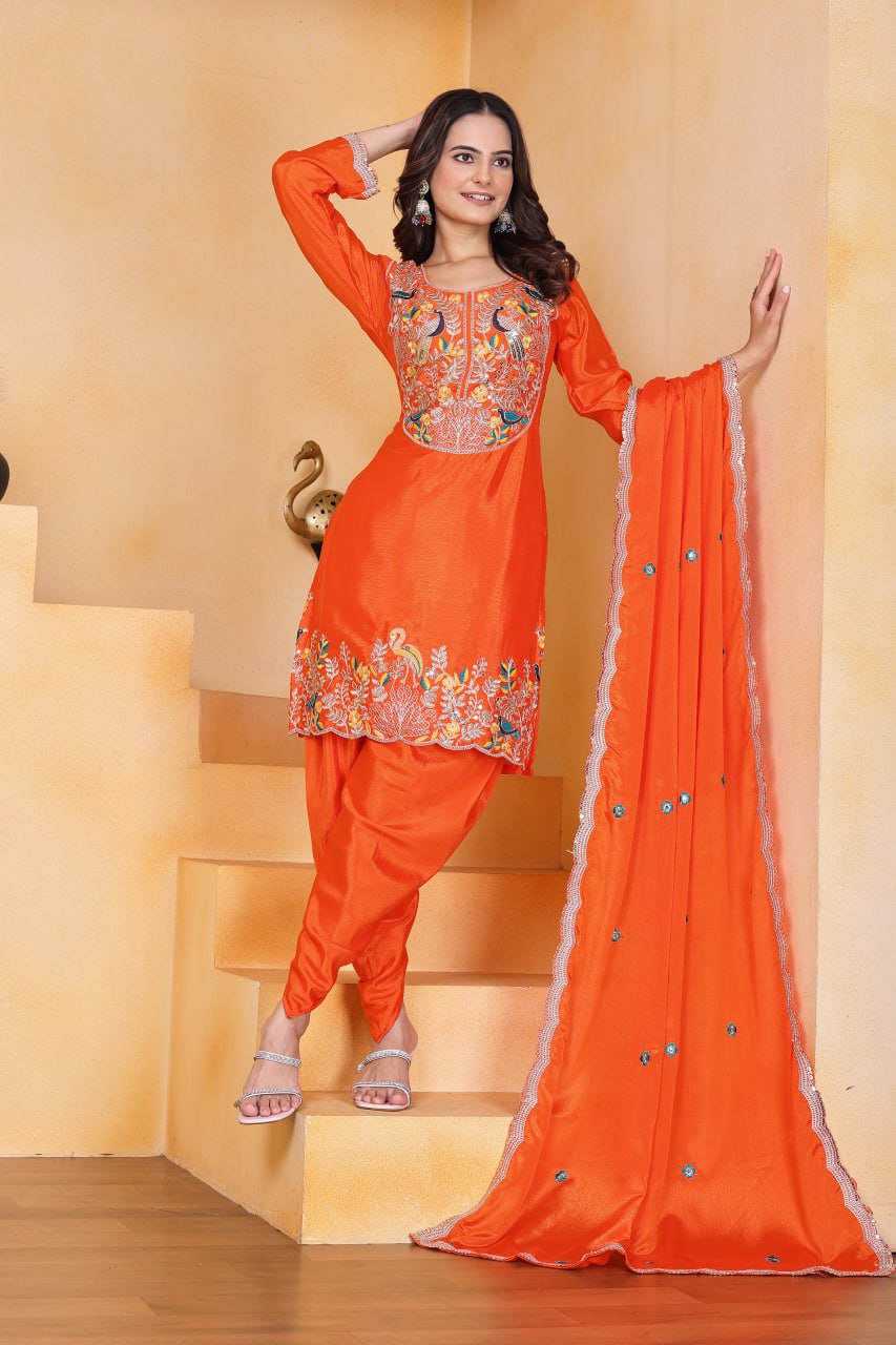 Prazu Fashion Orange Chinon Silk Embroidered Dhoti Style Suit - Distacart